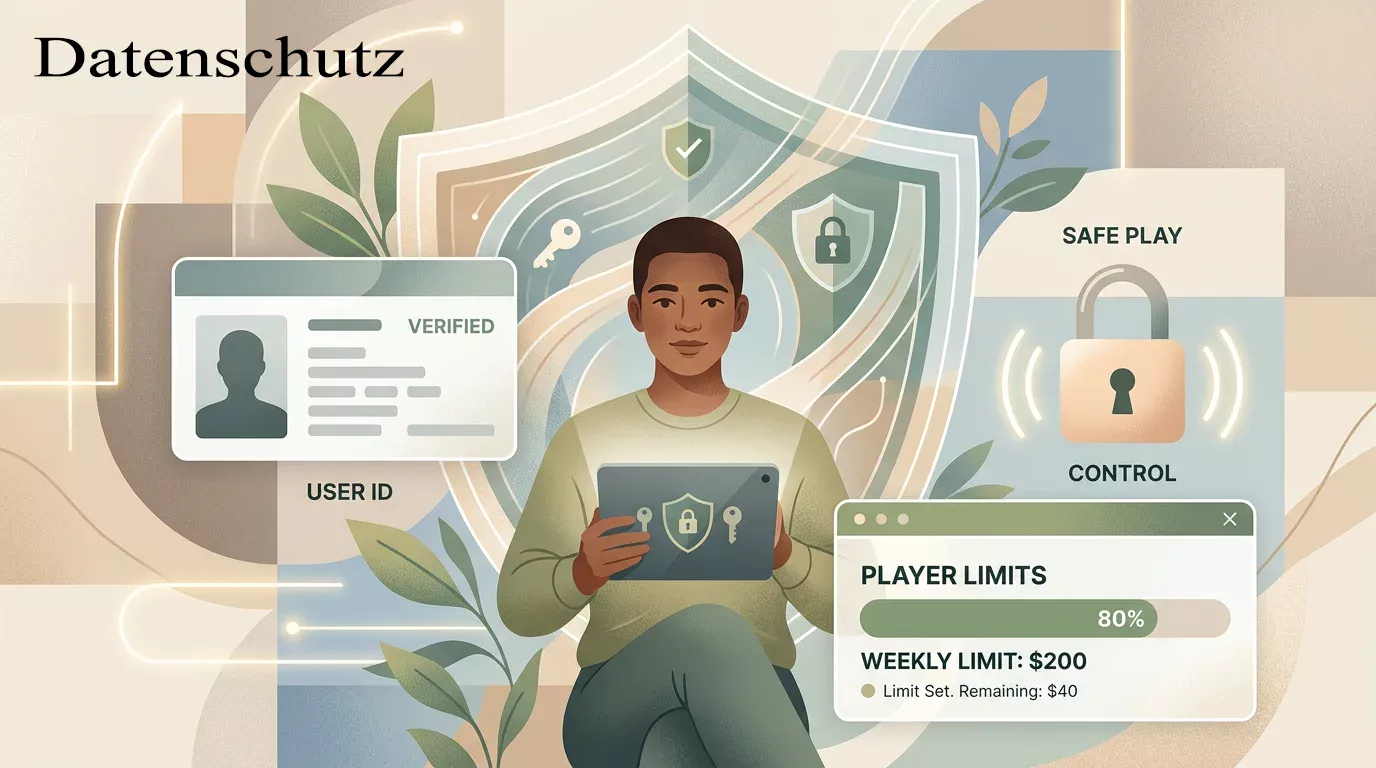 Schutzschild, Ausweisdokument und Limit-Notiz als Symbol für Identitätsprüfung und Spielerschutz