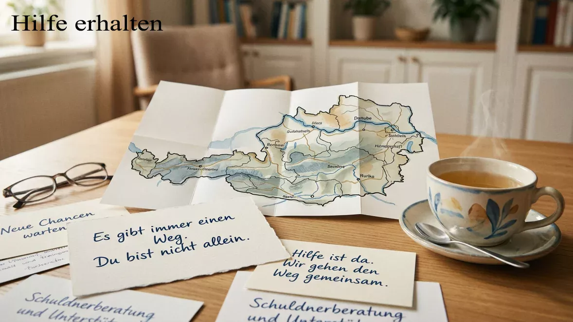Ruhige Beratungsnotizen, Teetasse und österreichische Karte als Symbol für Hilfewege