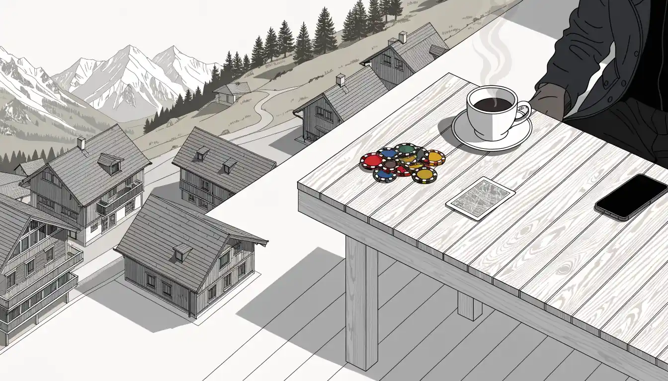 Alpen-Terrasse mit Casino-Chips, Spielkarte und zugeklapptem Smartphone auf Holztisch