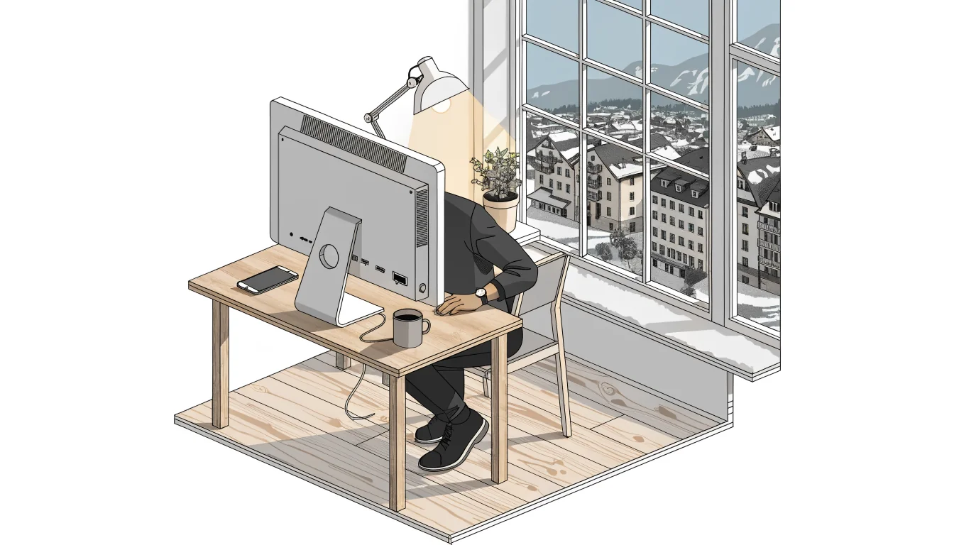 Heimischer Schreibtisch mit Monitor und Kaffeetasse in Österreich