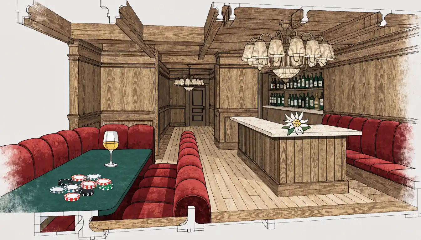 Gemütliche österreichische Casino-Lounge mit Spielchips und edlem Interieur