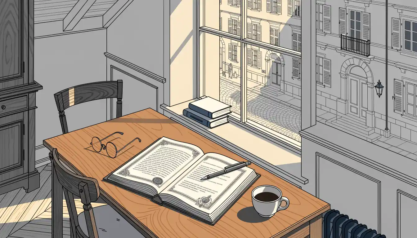 Holzschreibtisch in Wiener Studierzimmer mit Vertragsbuch und Kaffeetasse