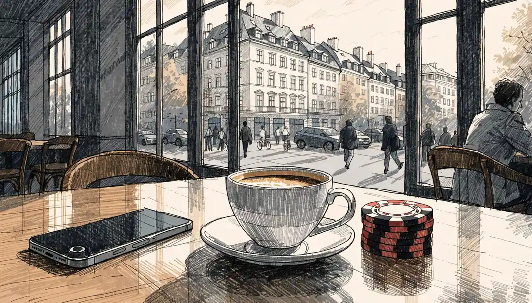 Smartphone mit Spielchips und Wiener Melange in einem Wiener Kaffeehaus
