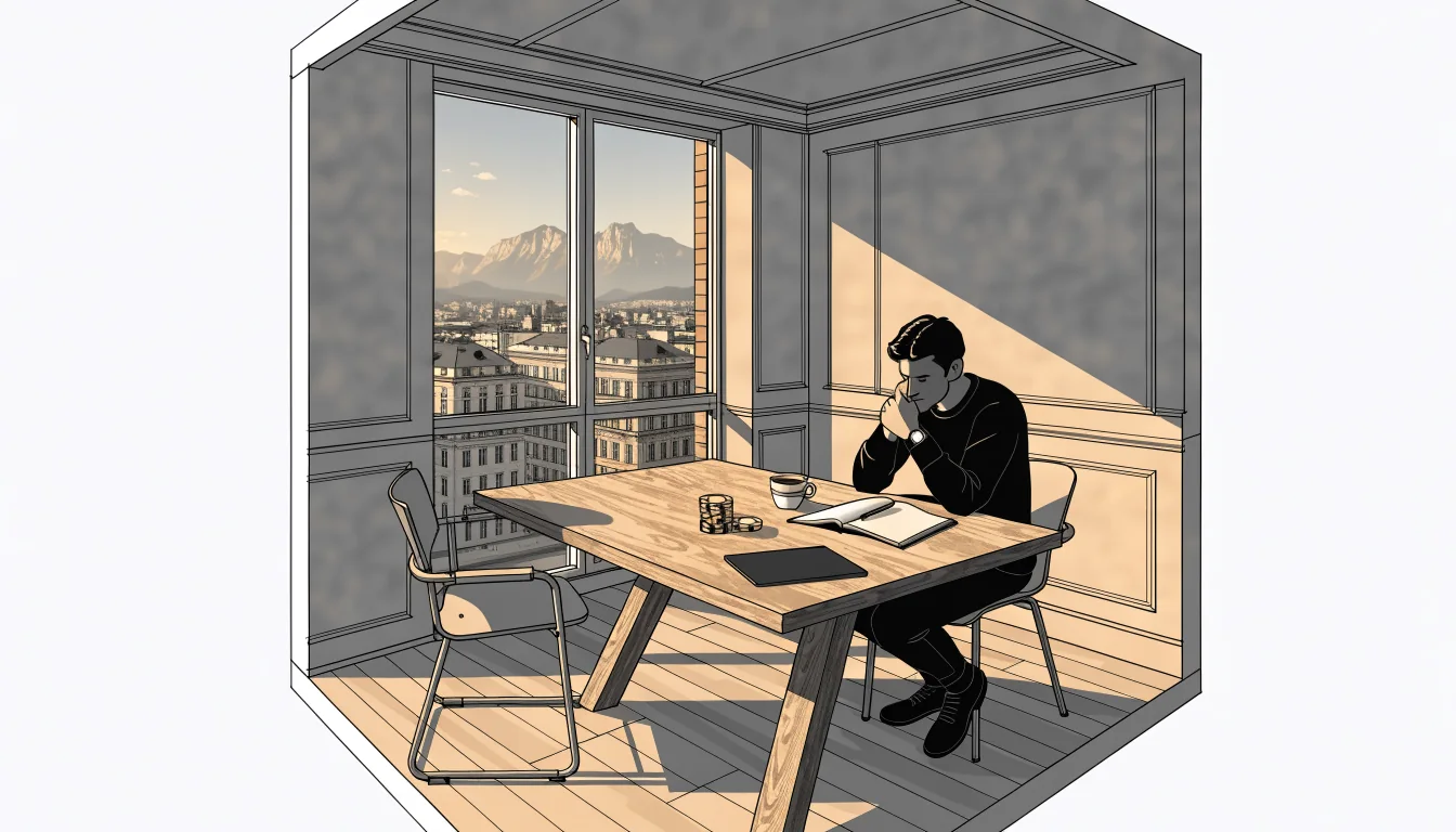 Mann mit Casino-Chips und Notizbuch in Wiener Wohnung mit Alpenblick