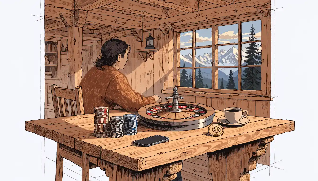 Person in einer österreichischen Almhütte mit Casino-Chips, Roulette und Krypto-Münze auf einem Holztisch