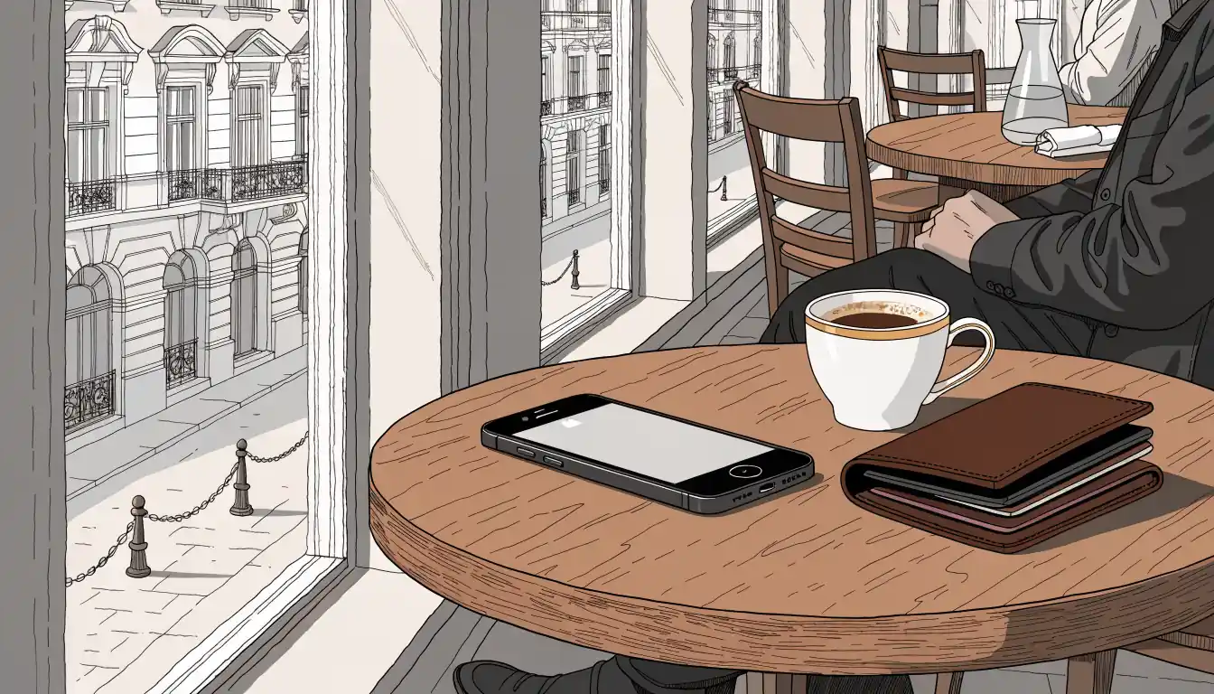 iPhone neben Geldbörse und Espresso in Wiener Kaffeehaus